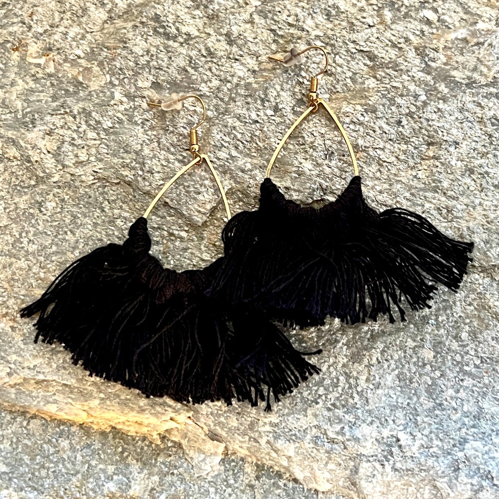 Boho Tassel Earrings, Black Tassel on Gold Hoop